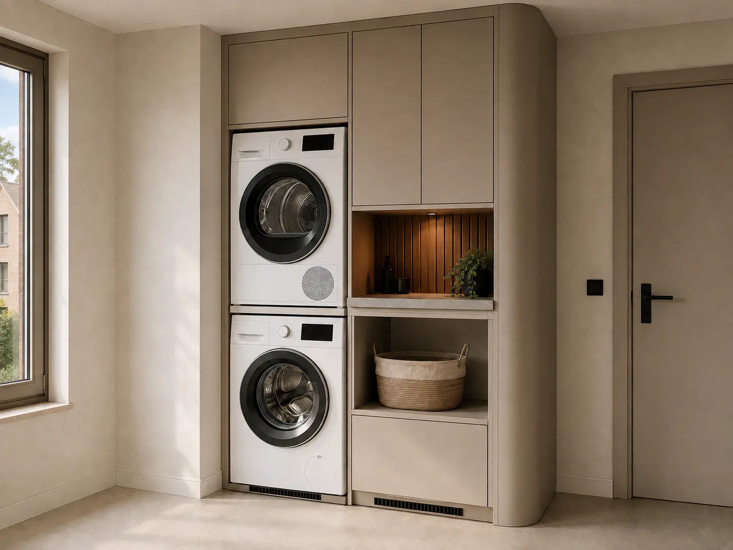 Conceptvisualisatie van een compacte wasmachine-ombouw met kast en werkblad